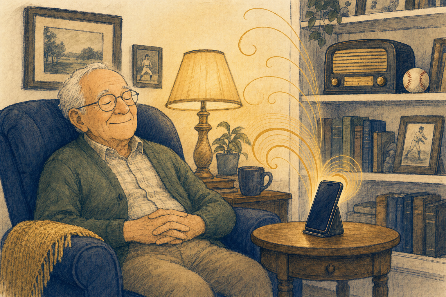 Illustration chaleureuse d’un grand-père détendu dans un fauteuil, écoutant des ondes sonores dorées s’élever d’un téléphone, avec une radio d’époque sur la bibliothèque derrière lui