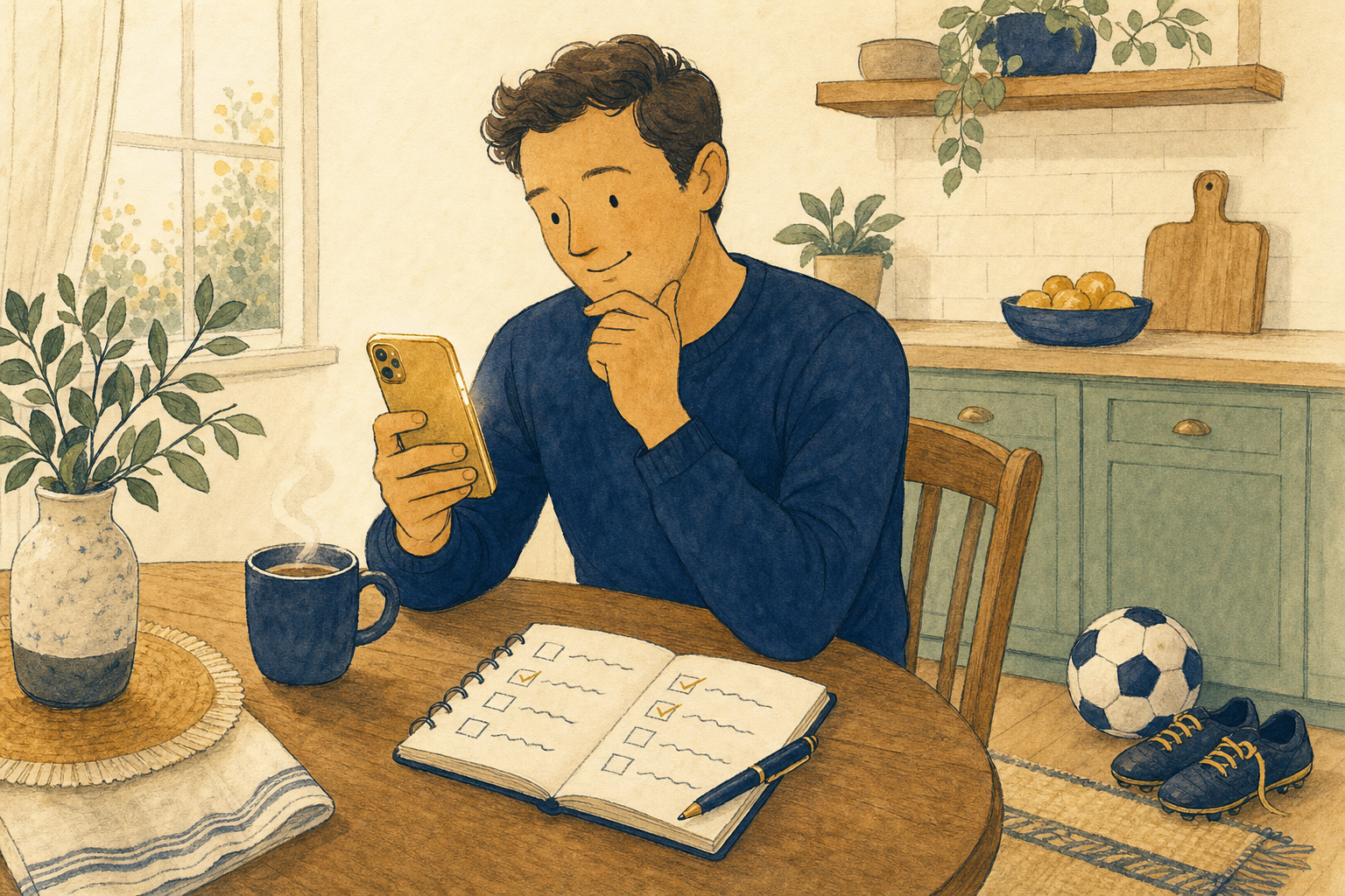 Illustration chaleureuse d’un parent attablé à la cuisine qui compare posément des options sur un téléphone, avec un carnet de notes et l’équipement de soccer de son enfant à proximité
