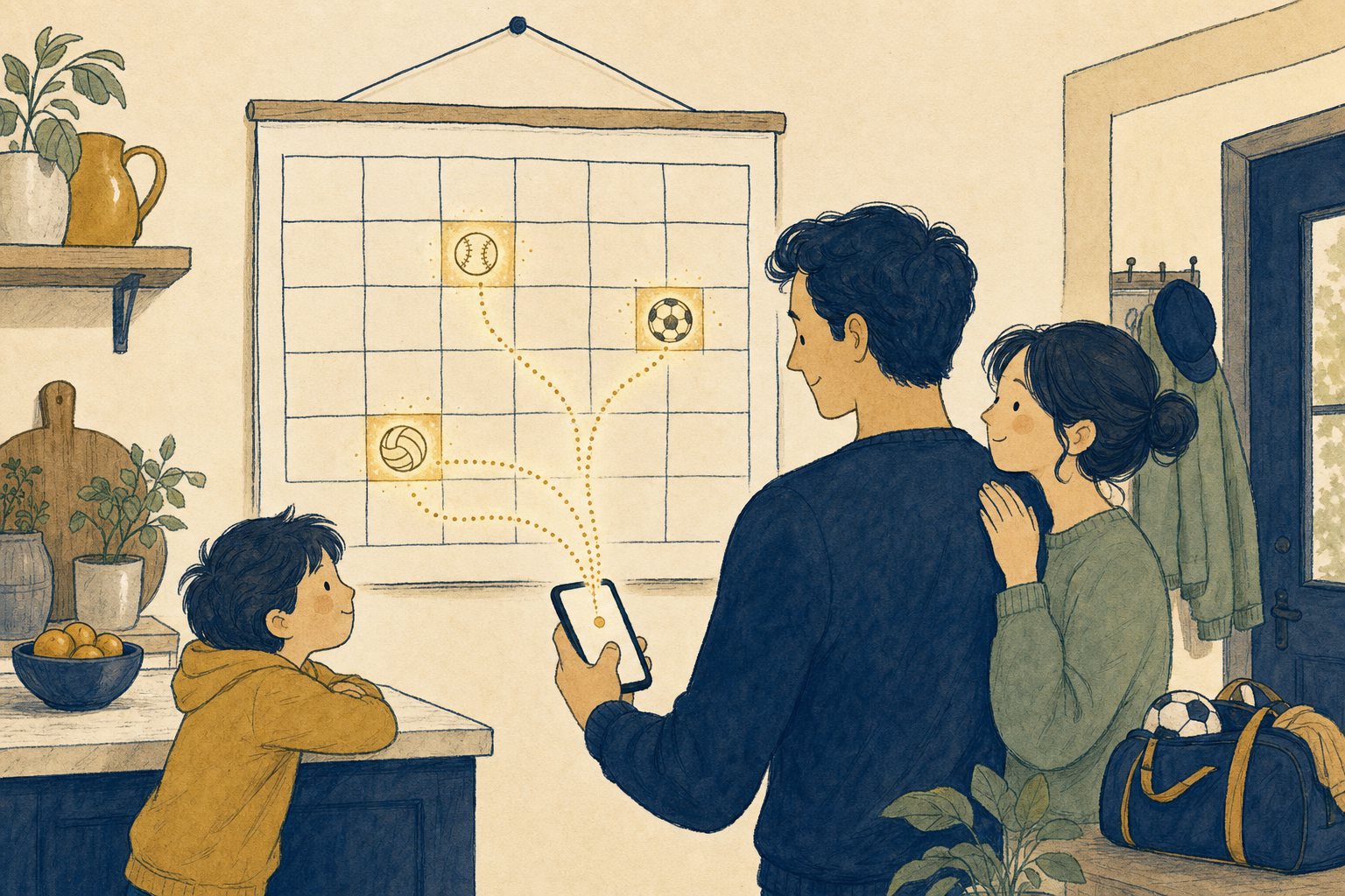 Ilustración cálida de un hilo dorado que fluye del teléfono de una mamá hacia el calendario de pared de la cocina, llenando los cuadros con pequeños íconos deportivos