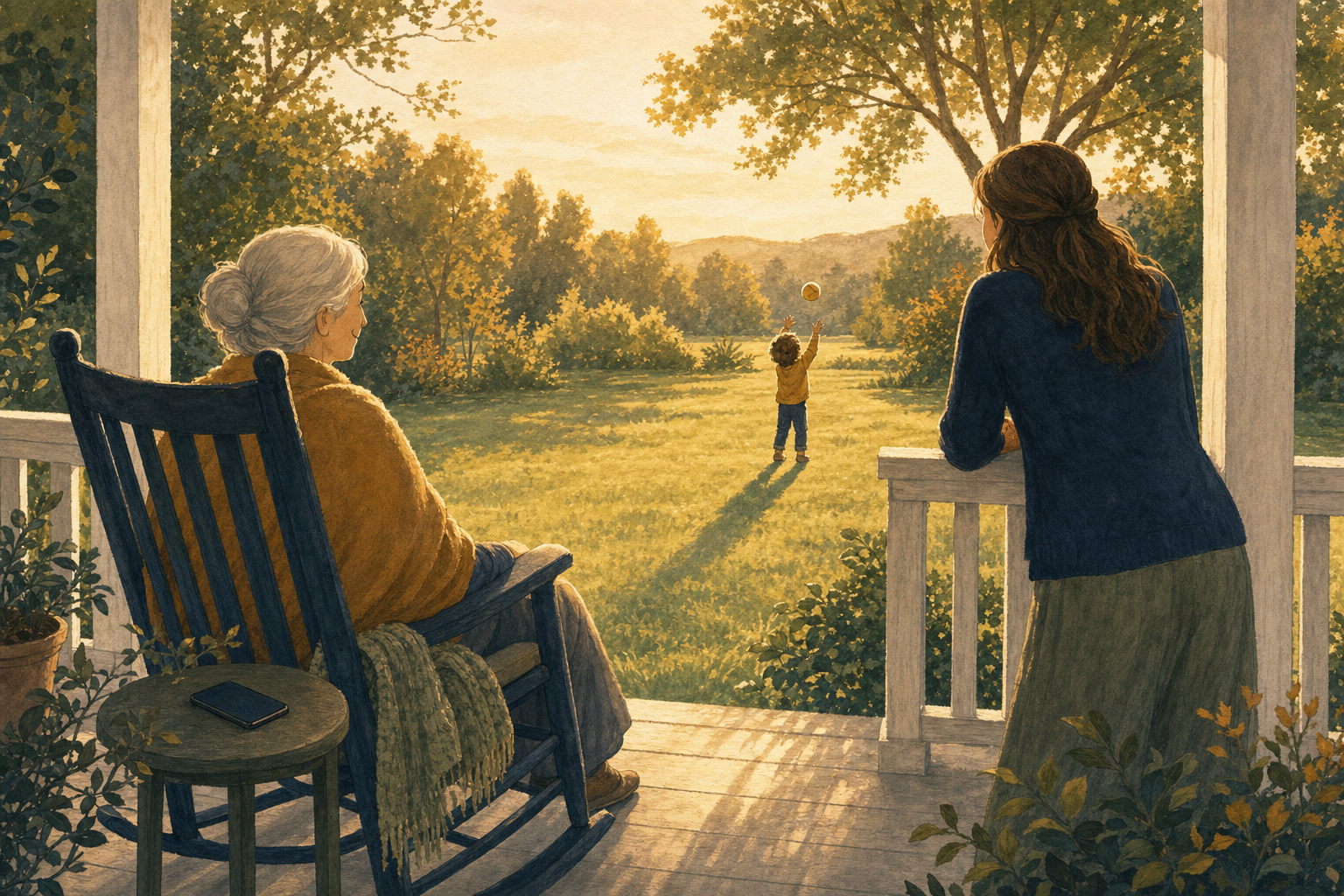 Ilustración cálida de tres generaciones en un porche a la hora dorada, viendo a un niño lanzar una pelota en el jardín, con un teléfono boca abajo sobre la mesa