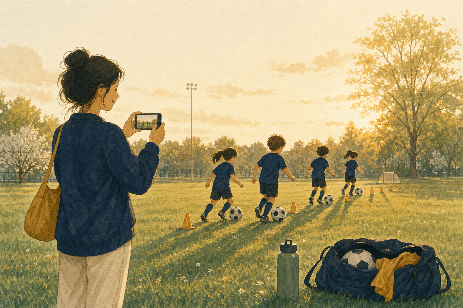 Illustration chaleureuse d’enfants qui font un exercice de cônes lors d’une pratique printanière, pendant qu’un parent en bordure du terrain saisit le moment avec son téléphone