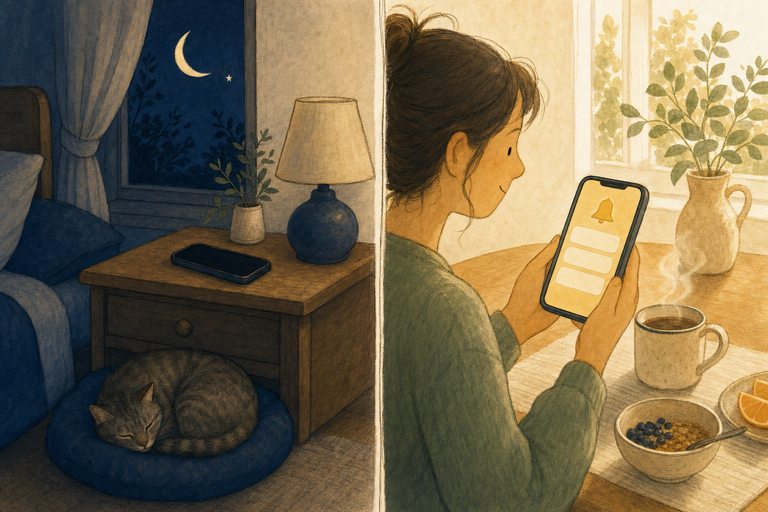 Illustration chaleureuse en deux volets : un téléphone éteint et silencieux sur une table de chevet la nuit, et le même téléphone affichant un fil de notifications tout en douceur sur une table de déjeuner ensoleillée
