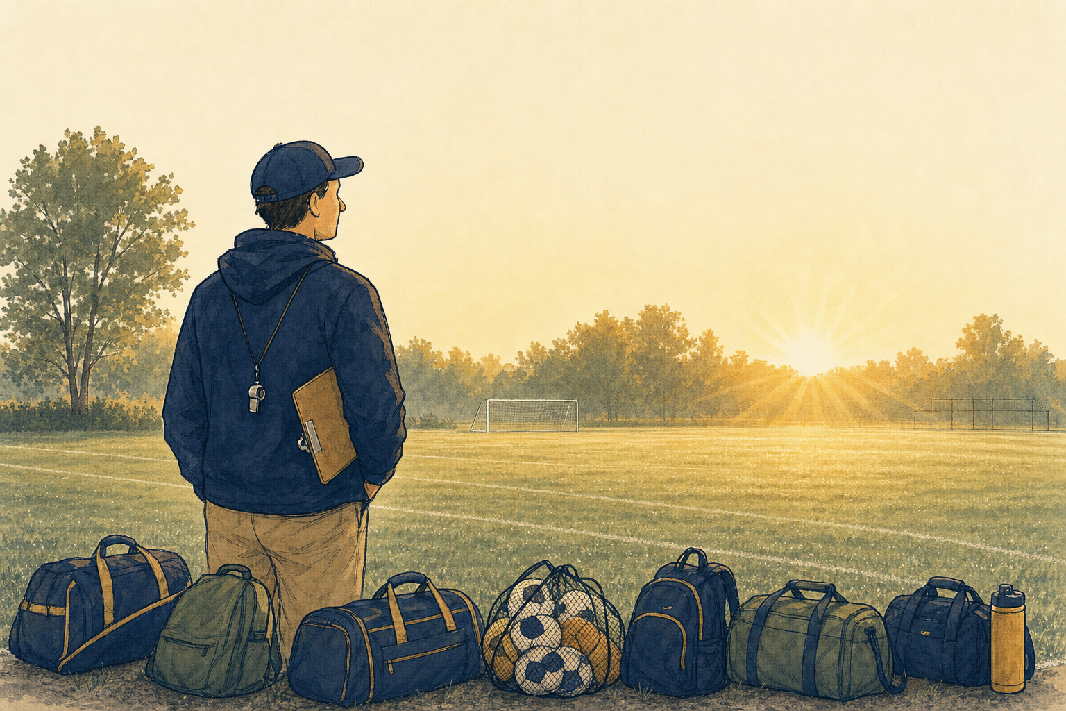Ilustración cálida de la persona que organiza un equipo, al amanecer, contemplando un campo deportivo juvenil, con las bolsas de equipo alineadas y listas para la llegada del equipo